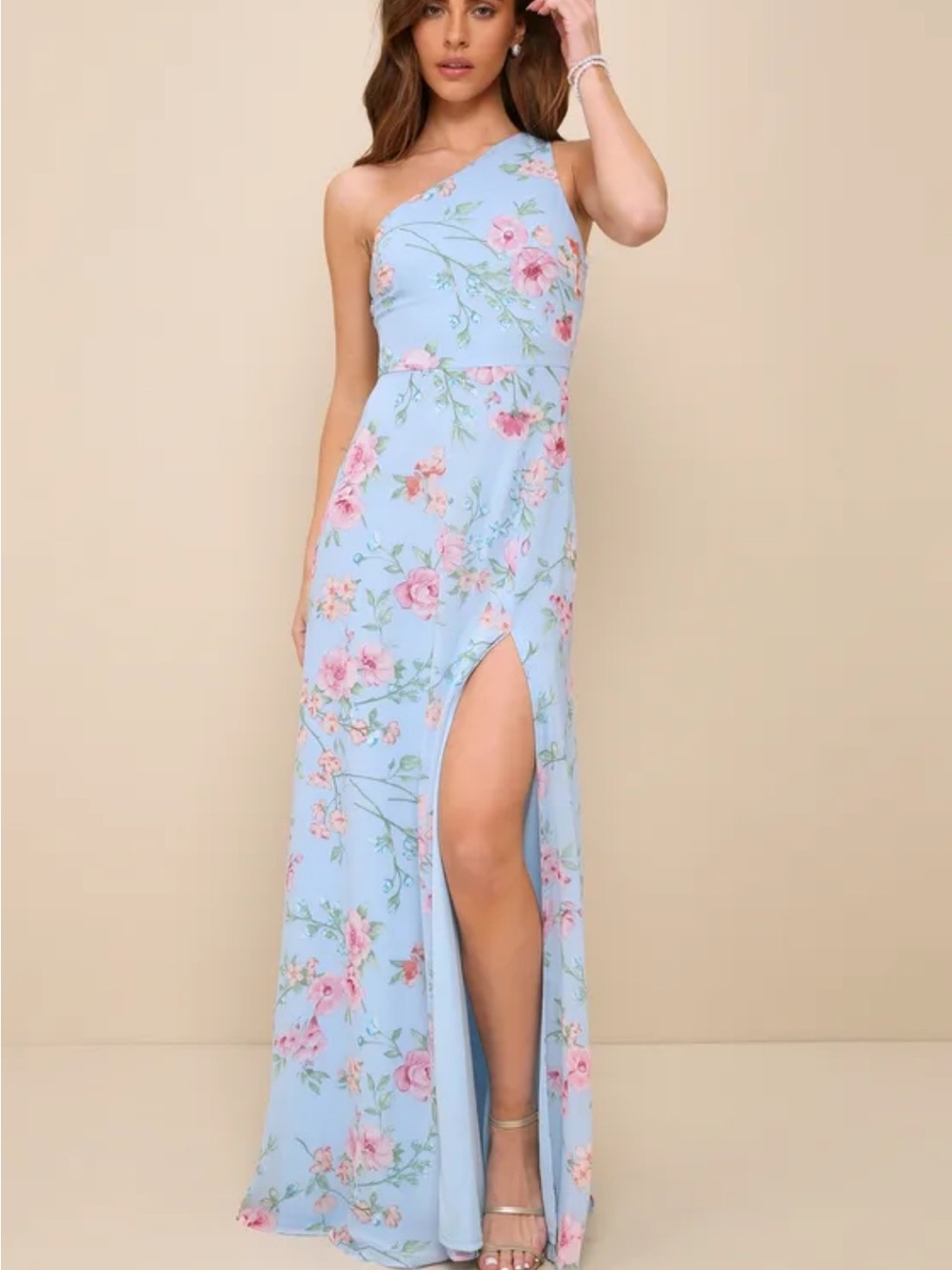 Lulu's Sky Blue One-Shoulder Floral Maxi Dress with Pink Roses
